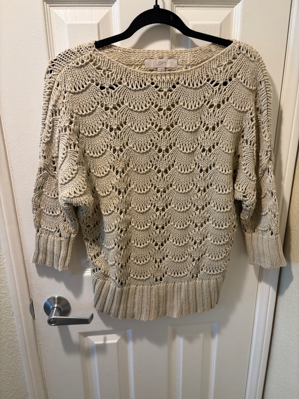 LOFT Open-Weave Scoop Neck Sweater in Light Cream